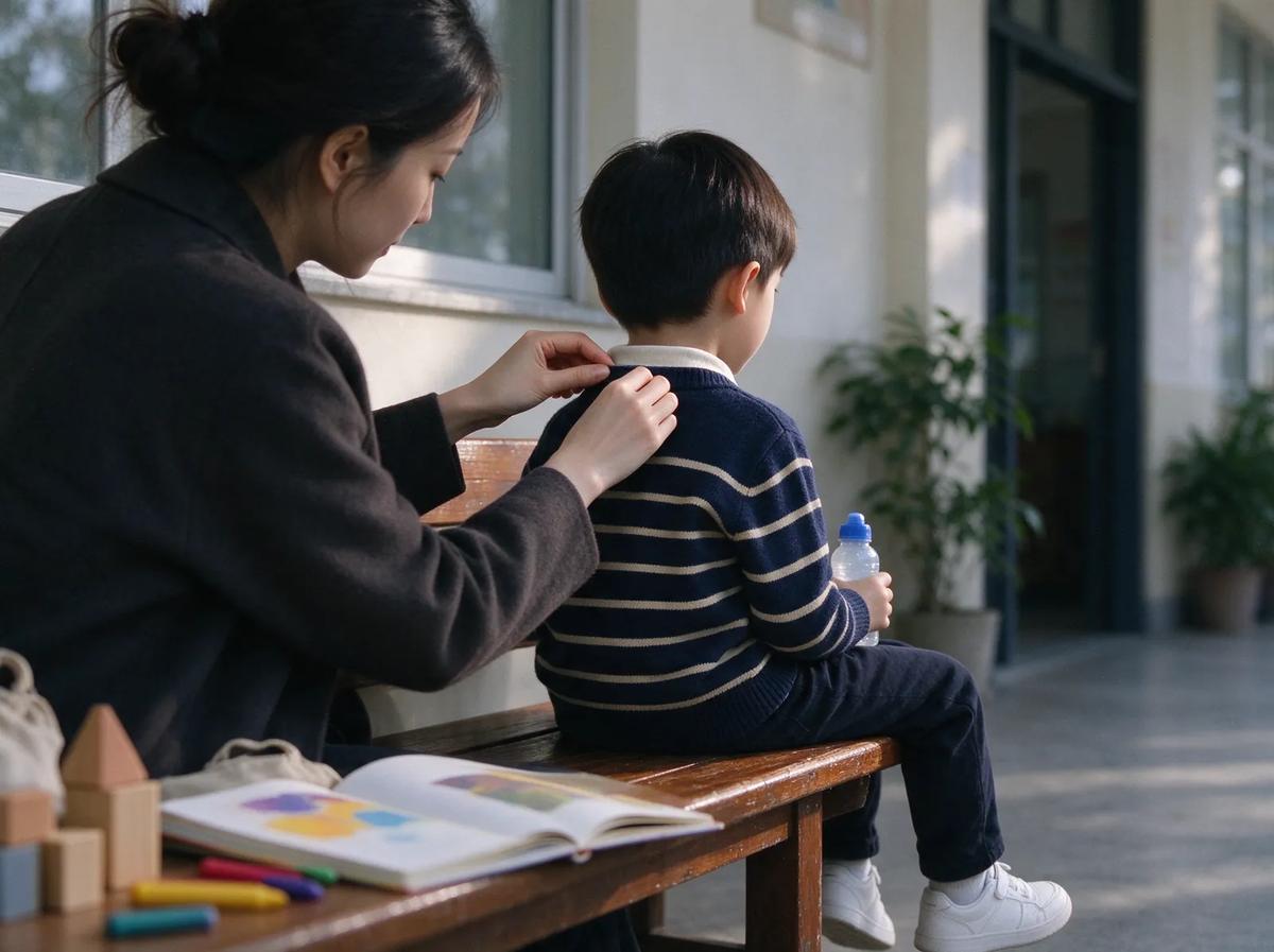 Mẹ và con trai ngồi chờ trên ghế băng ở hành lang trường sáng sủa