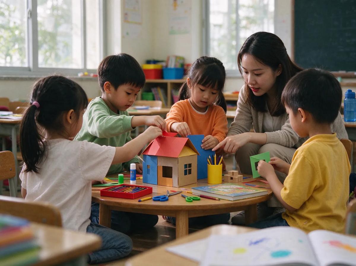 Nhóm trẻ 5–6 tuổi cùng làm mô hình giấy trên bàn thấp với cô giáo
