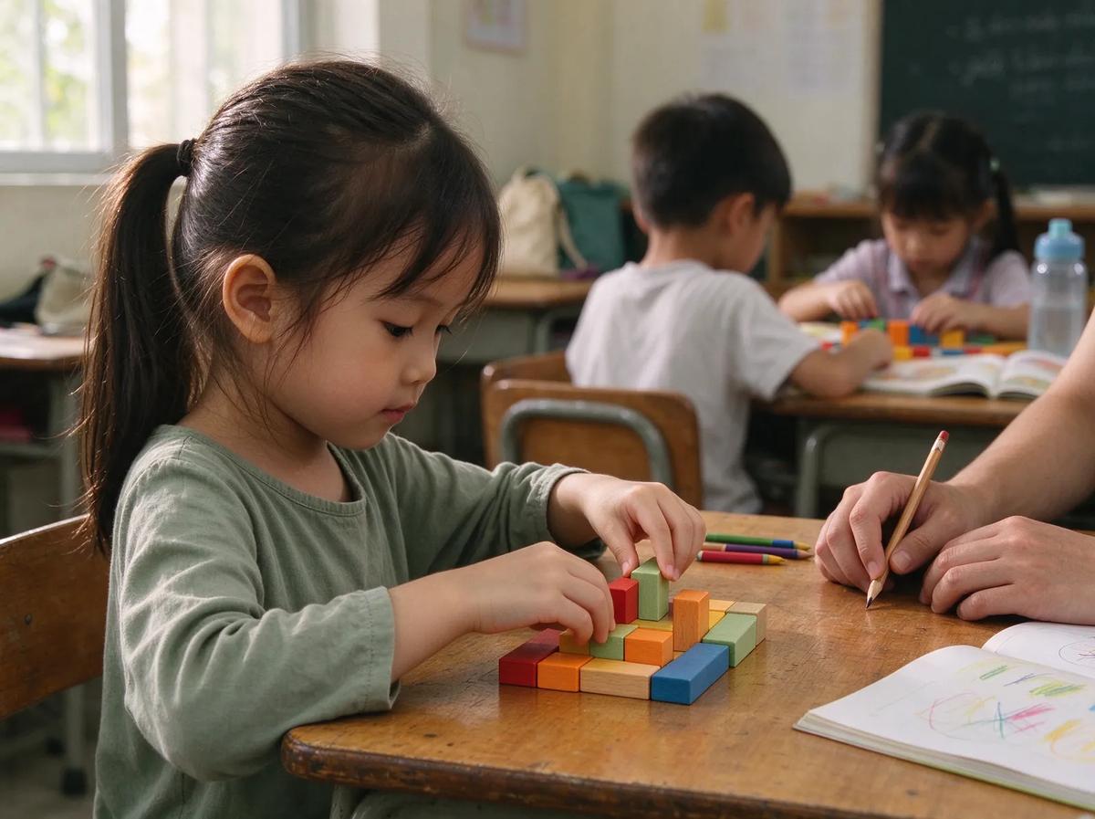 Bé gái xếp các khối gỗ màu theo hình mẫu trên bàn nhỏ