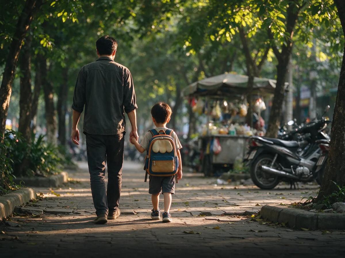 Bố dắt tay con trai đi trên vỉa hè buổi sáng, con đeo balo nhỏ