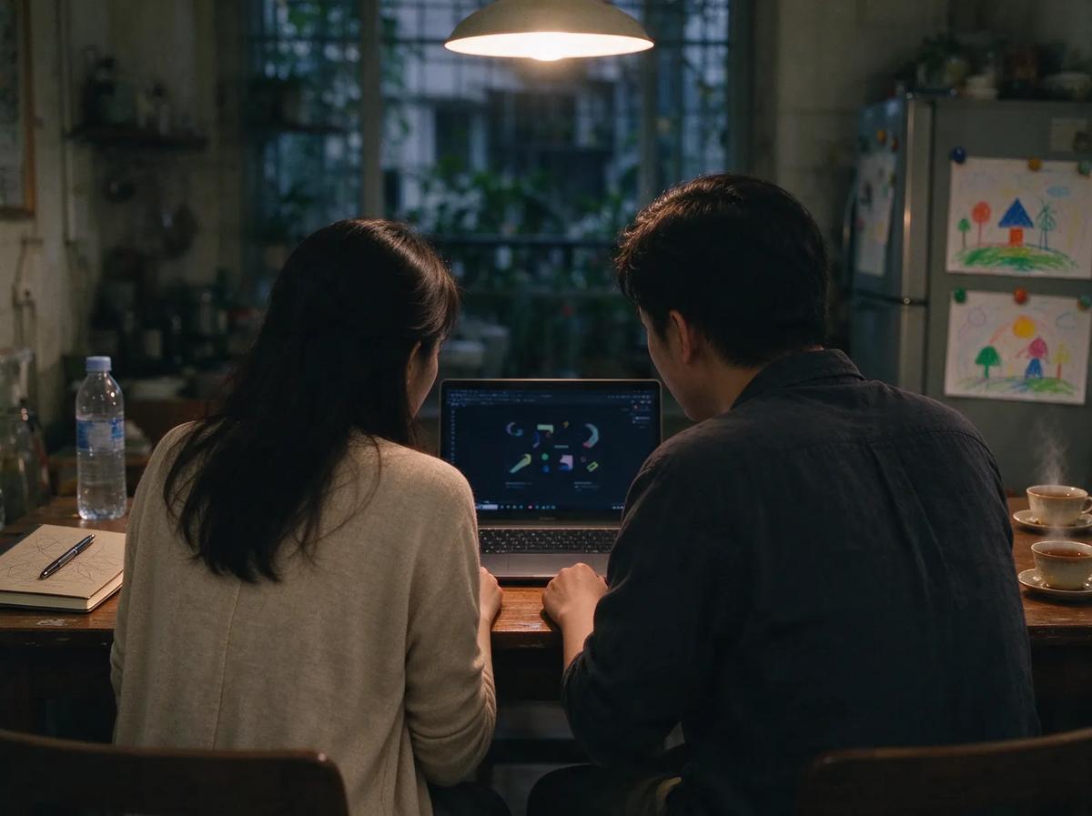 Phụ huynh xem thông tin tuyển sinh trên laptop ở bàn ăn