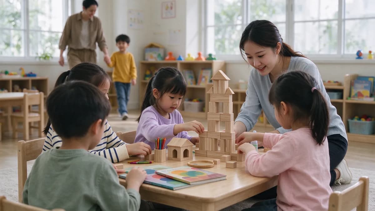 Nhóm trẻ 5–6 tuổi xếp khối gỗ cùng cô giáo trong lớp học sáng