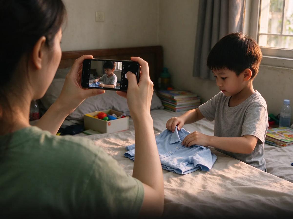 Mẹ quay điện thoại khi con trai 5 tuổi gấp quần áo trong phòng ngủ