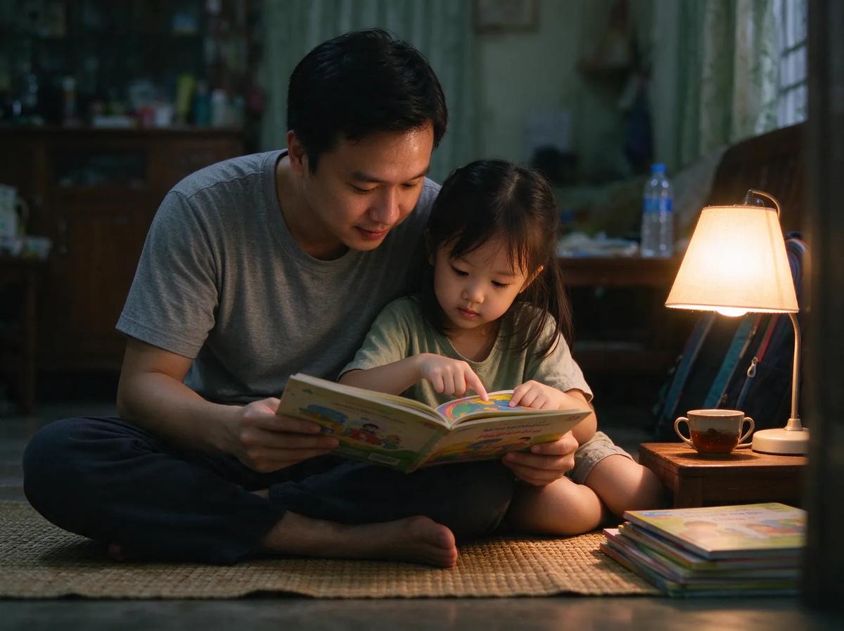 Bố đọc sách tranh cho con gái trên sàn phòng khách