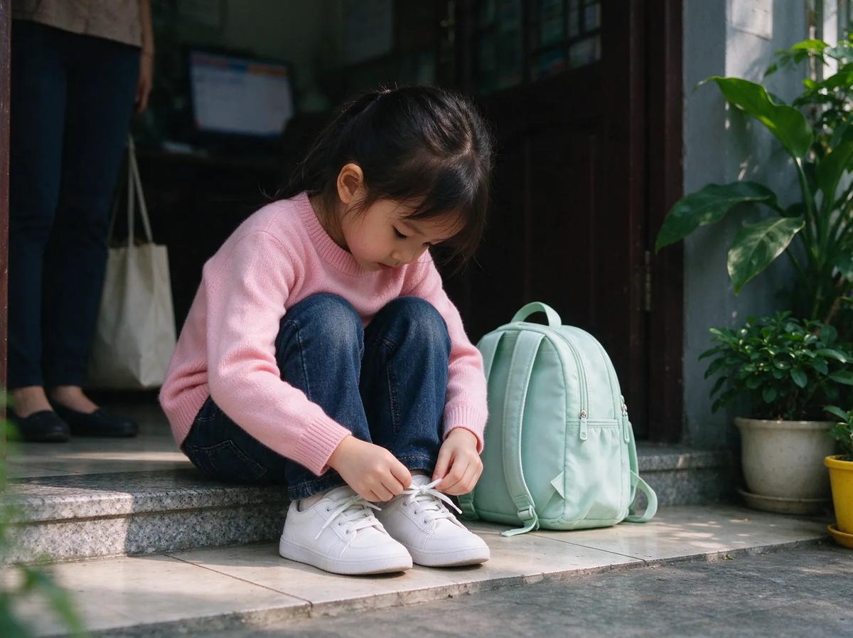 Bé gái tự buộc dây giày trước cửa nhà
